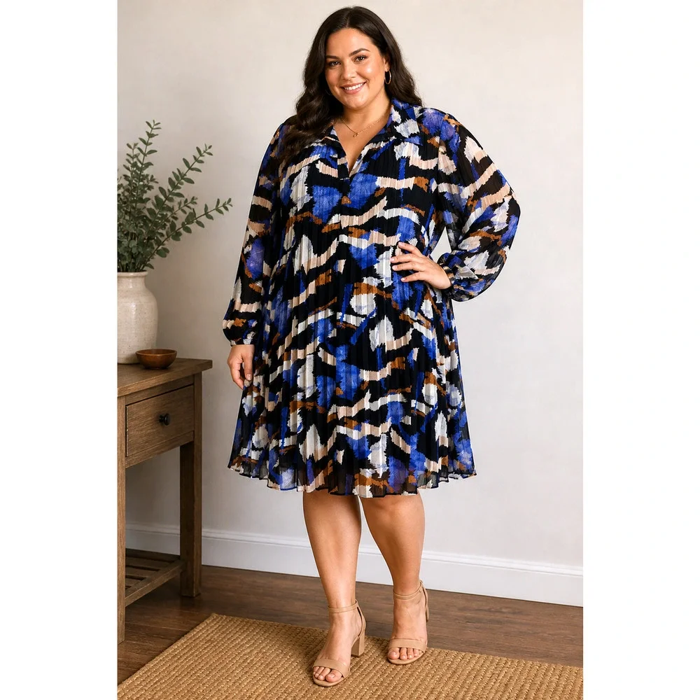 Nine West Long Sleeve Pleated Chiffon Print Swing Dress V-Neck Womens sz 2X